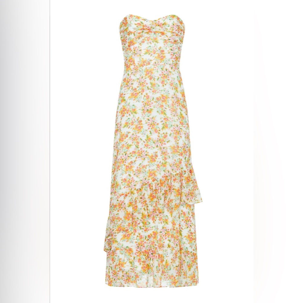 Shoshanna Remy Dress Strapless Floral Midi Sweetheart Ruffle Orange 8 Wedding